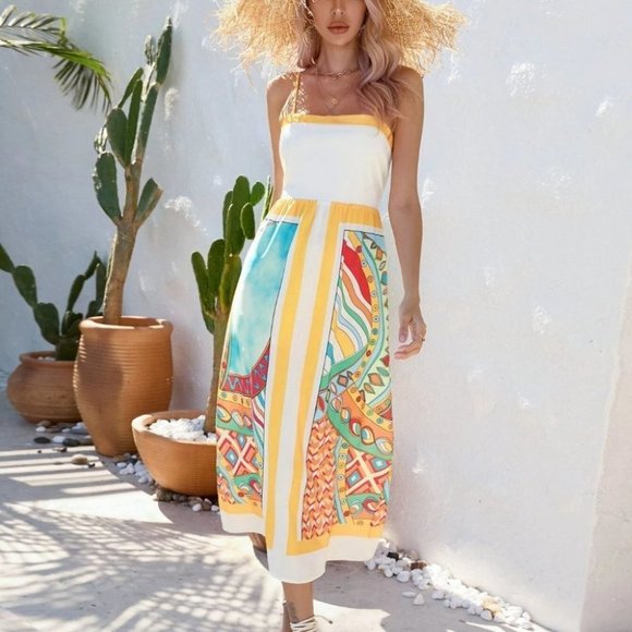 Yellow Boho Womens Graphic Print Cami Dress - Picture 5 of 5